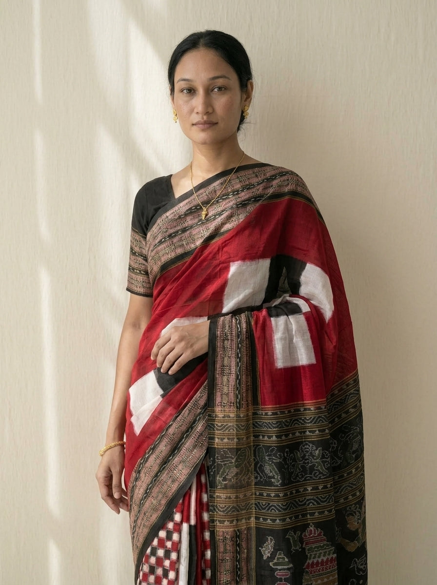 Saptapar - Royal Red & Black | Sambalpuri Cotton Saree