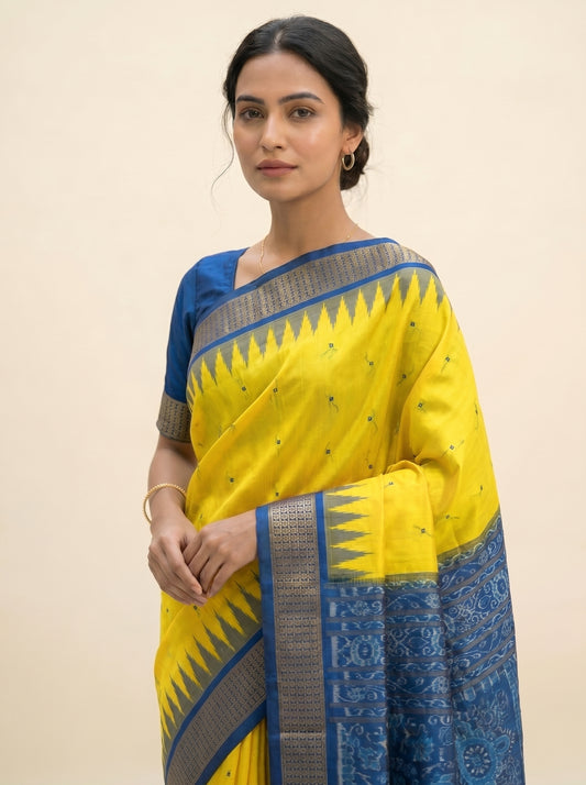 Rudrakhya with Kumbha Border - Lemon Yellow & Royal Blue | Sambalpuri Silk Saree