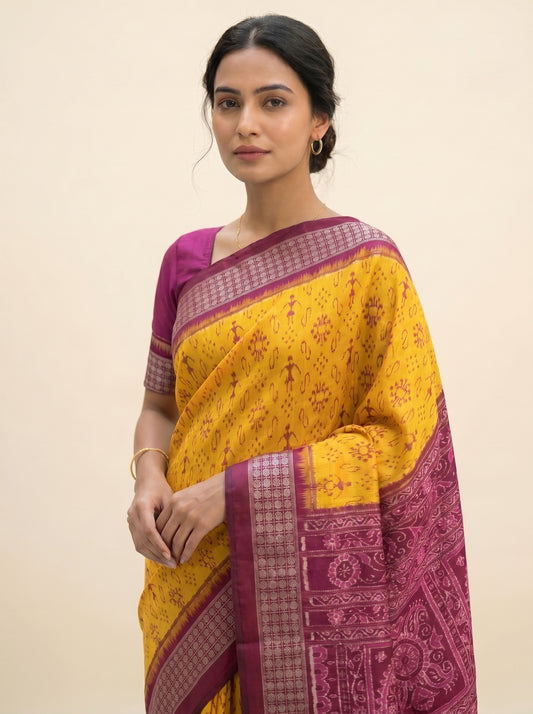 Tribal Bandha - Yellow & Rani Pink | Sambalpuri Bandha Silk Saree