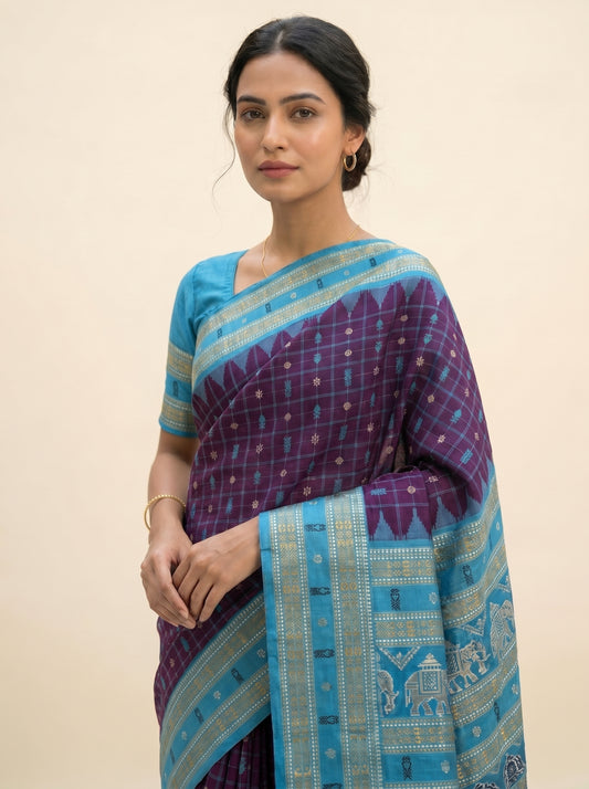 Hazar Buti - Royal Amethyst & Sky Blue | Sambalpuri Tussar Silk Saree