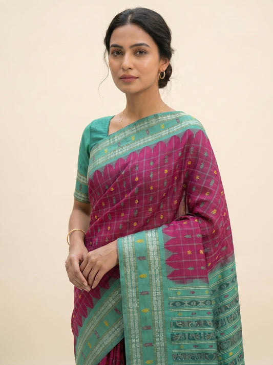 Hazar Buti - Burgundy & Sea Green | Sambalpuri Bandha Tussar Silk Saree