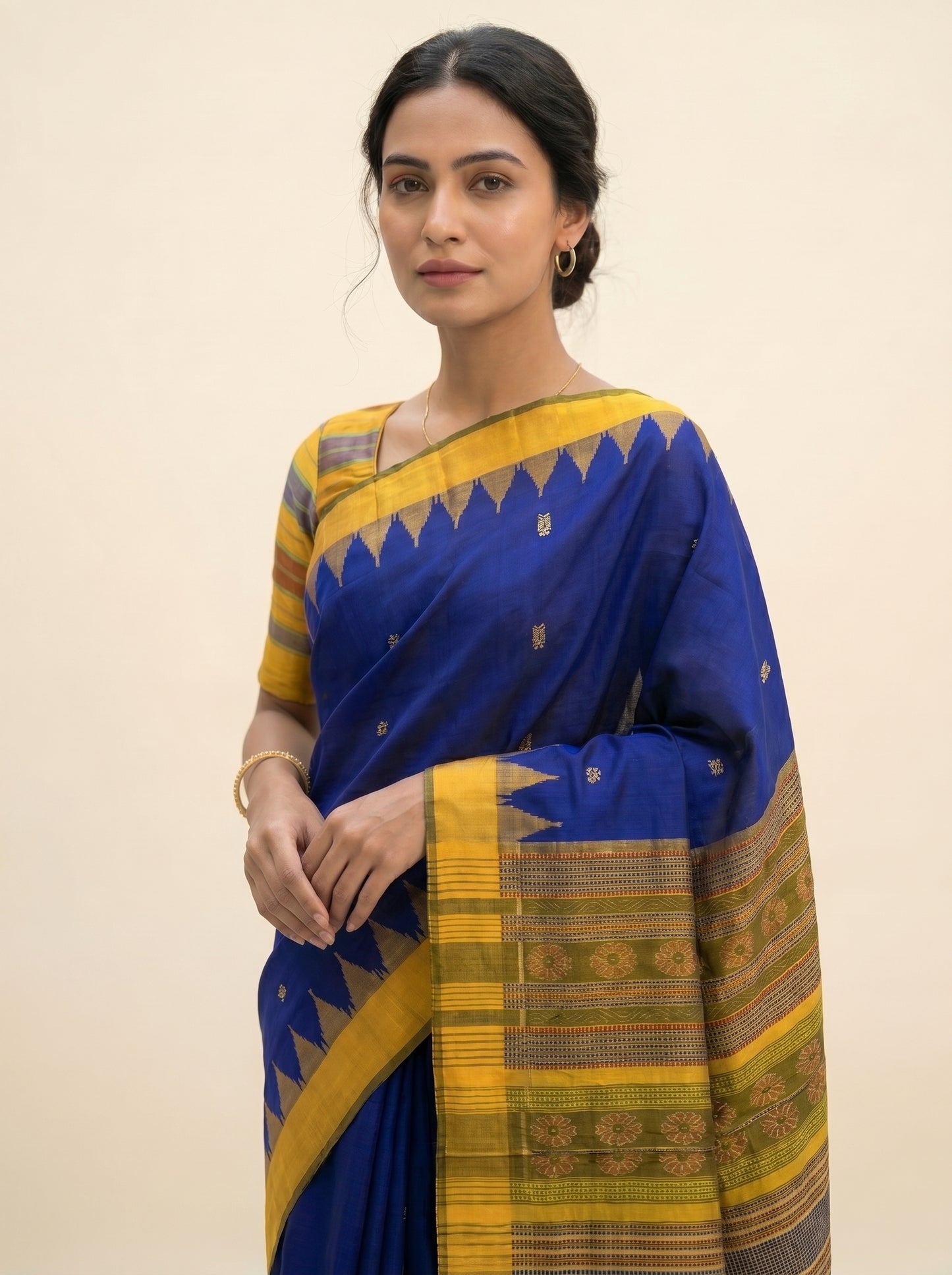 Temple Motif - Royal Blue & Golden Yellow | Sambalpuri Tussar Silk Saree