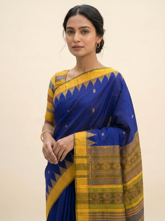 Temple Motif - Royal Blue & Golden Yellow | Sambalpuri Tussar Silk Saree