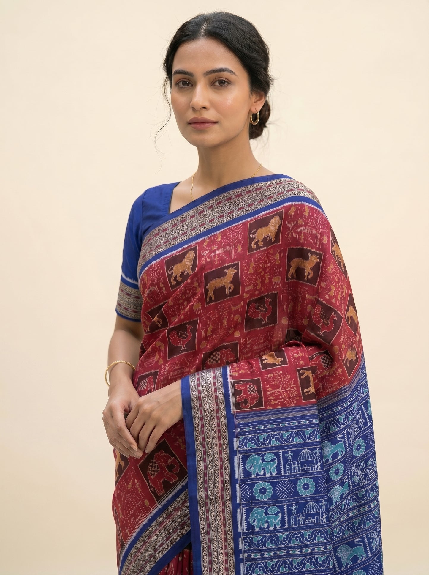 Wildlife Motif — Burnt Maroon & Sapphire Blue | Sambalpuri Cotton Saree