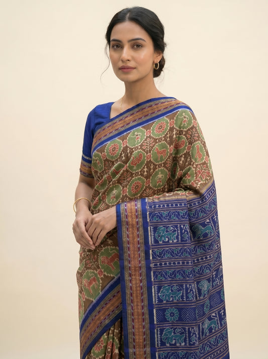 Wildlife Bandha — Mehendi Green & Royal Blue | Sambalpuri Cotton Saree