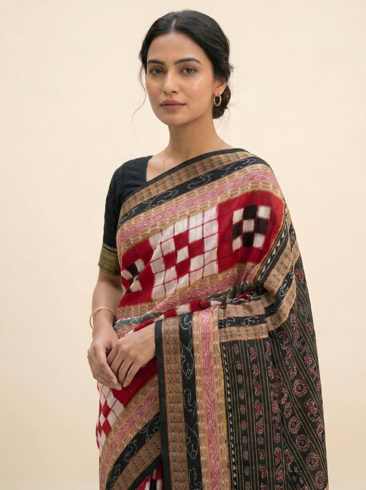 Bichitrapuri  — Crimson Red & Black | Sambalpuri Cotton Saree