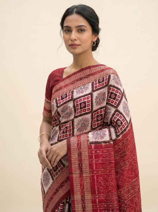 Baghambari Saptapar — Ivory White & Deep Maroon | Sambalpuri Cotton Saree