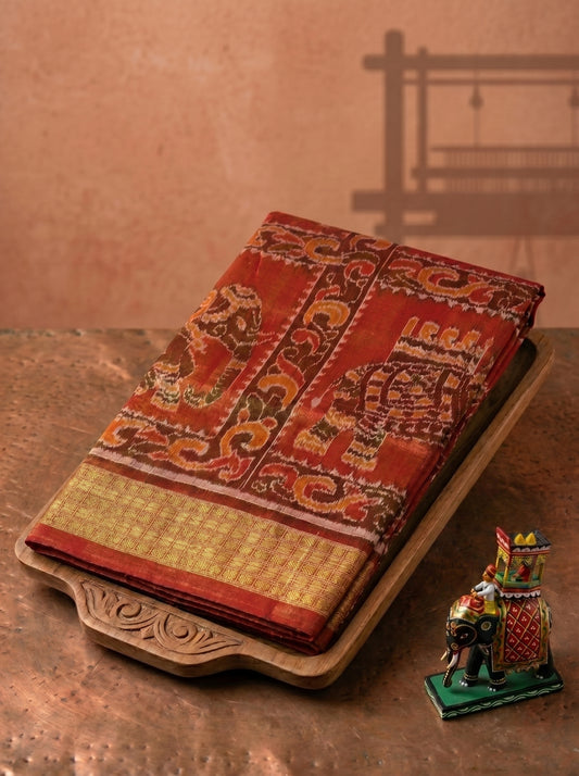 Gajasingha Chakra — Antique Copper & Burnt Saffron | Tissue Sambalpuri Silk Saree
