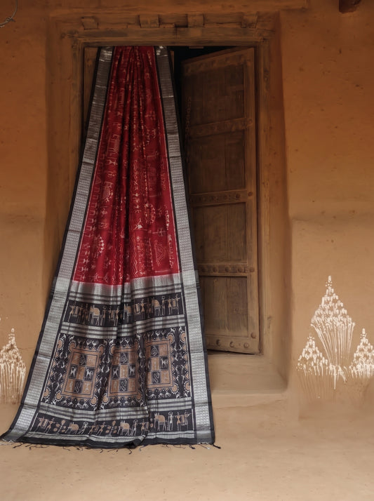 Banahotsaba - National Award Winning | Crimson Berry & Midnight Black | Sambalpuri Silk Saree