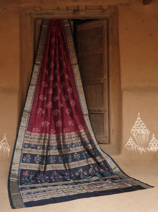 Upabana  24 Motifs — National Award Winning  | Wine Berry & Midnight Black | Sambalpuri Silk Saree