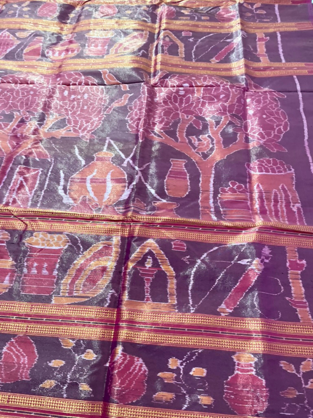 Temple Border - Rani Pink & Antique Gold | Half Tissue Silk Sambalpuri Saree