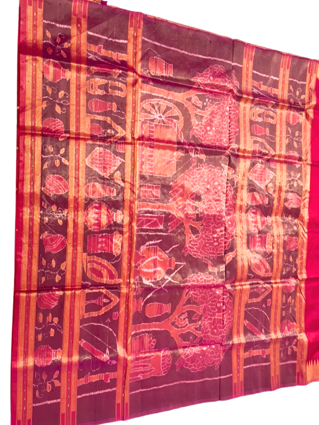 Temple Border - Rani Pink & Antique Gold | Half Tissue Silk Sambalpuri Saree