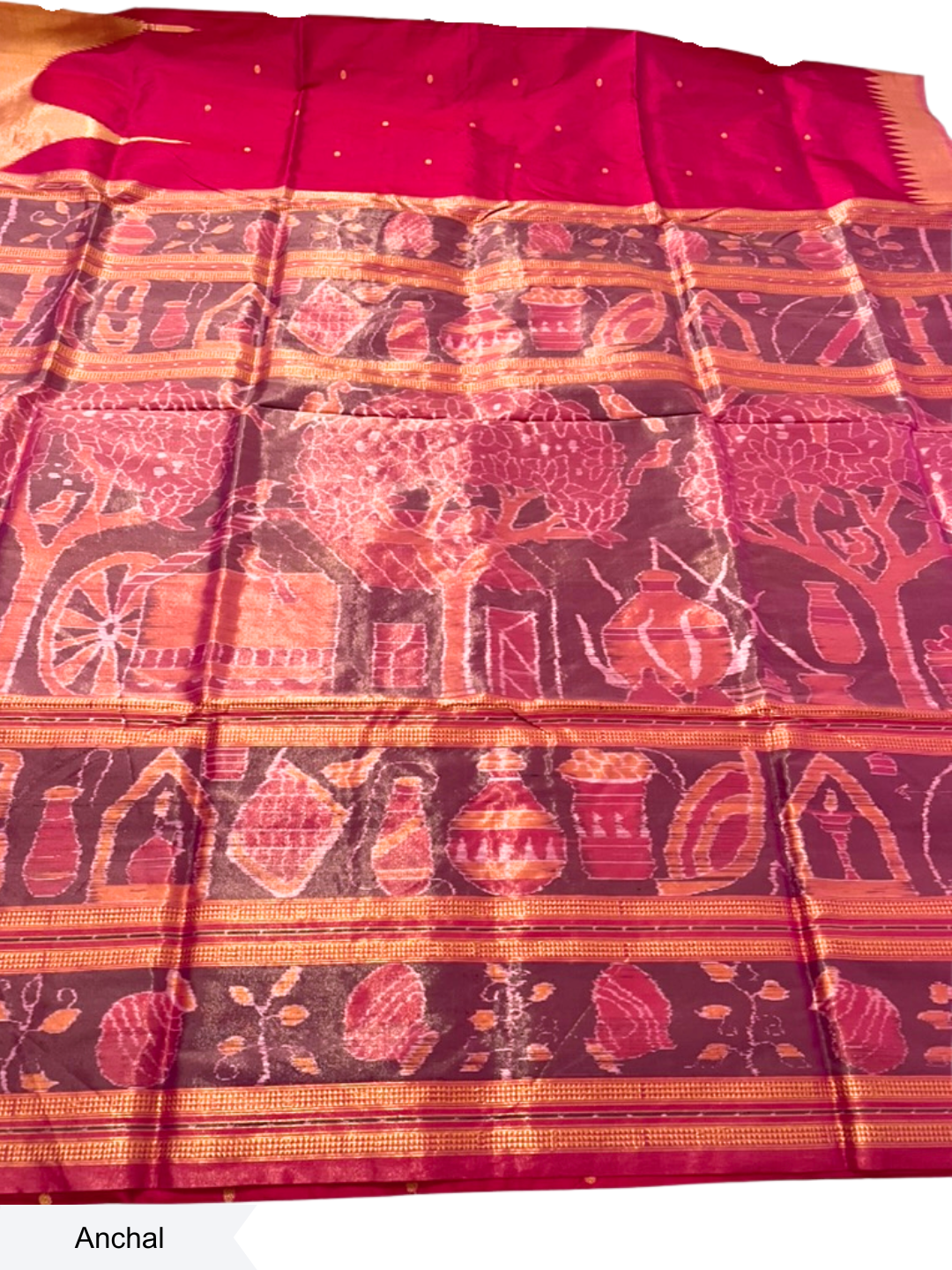 Temple Border - Rani Pink & Antique Gold | Half Tissue Silk Sambalpuri Saree