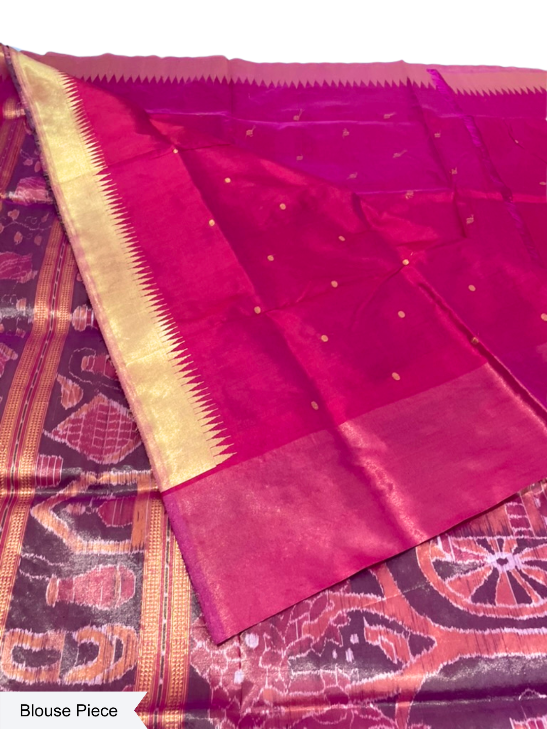 Temple Border - Rani Pink & Antique Gold | Half Tissue Silk Sambalpuri Saree