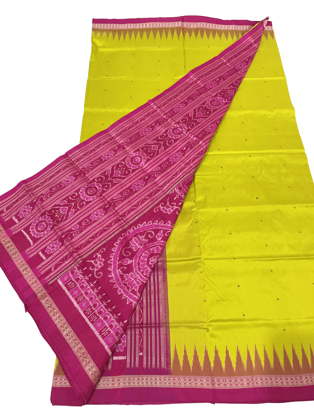 Rudrakhya with Kumbha Border — Fluorescent Green & Rani Pink | Sambalpuri Silk Saree