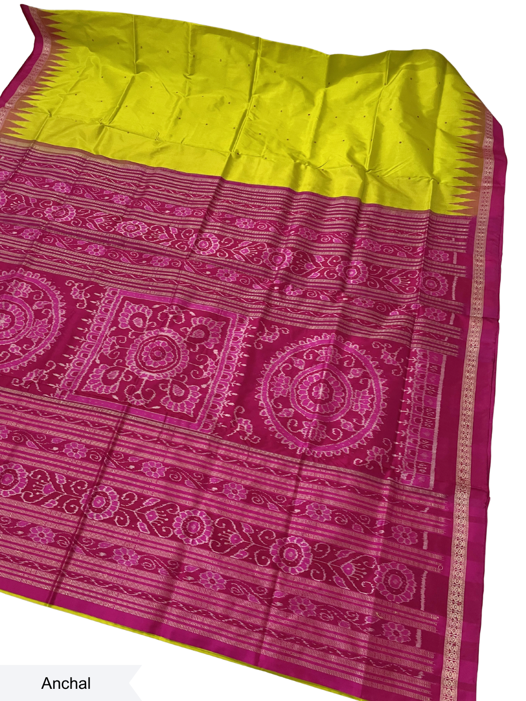Rudrakhya with Kumbha Border — Fluorescent Green & Rani Pink | Sambalpuri Silk Saree
