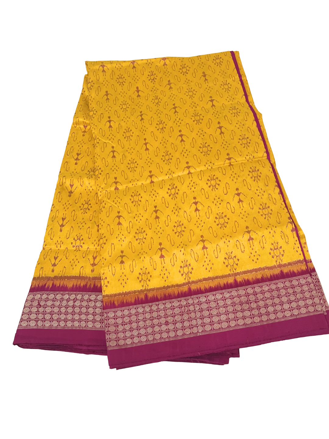Tribal Bandha - Yellow & Rani Pink | Sambalpuri Bandha Silk Saree