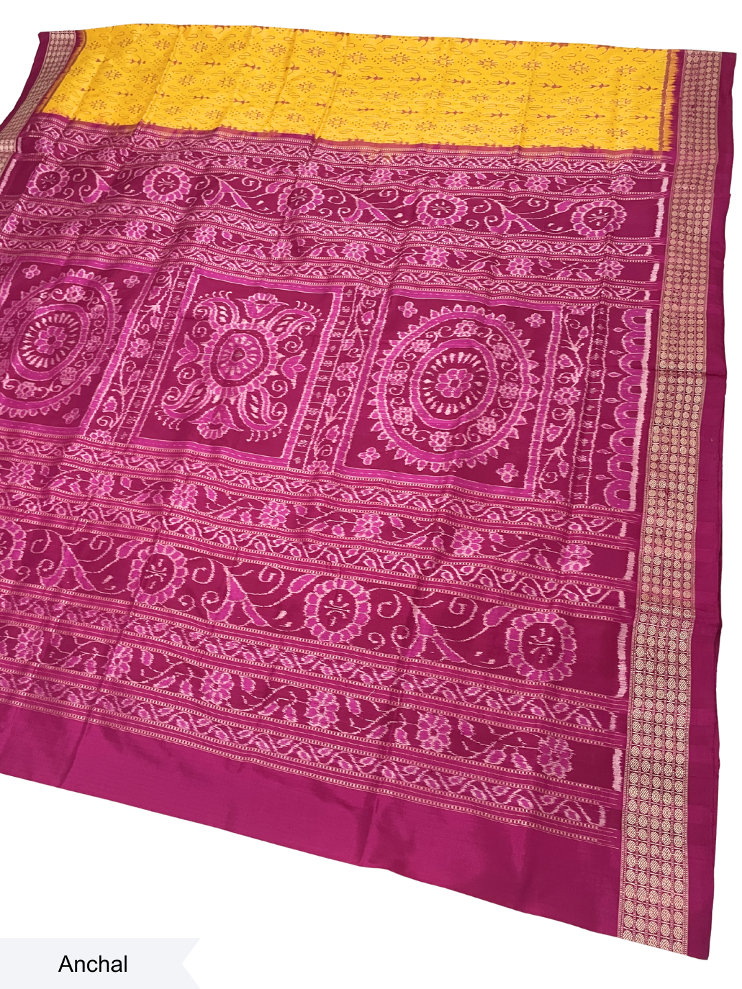 Tribal Bandha - Yellow & Rani Pink | Sambalpuri Bandha Silk Saree