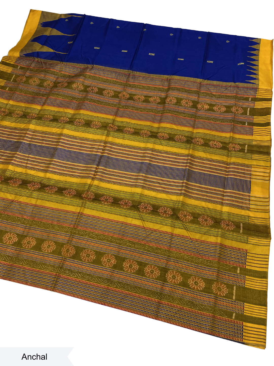Temple Motif - Royal Blue & Golden Yellow | Sambalpuri Tussar Silk Saree
